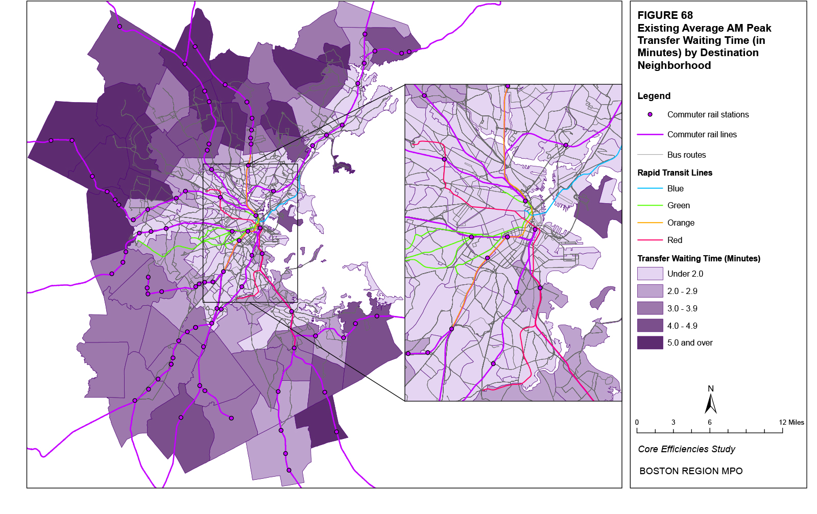 This map shows the existing average AM peak transfer waiting times for destination trips by neighborhood.